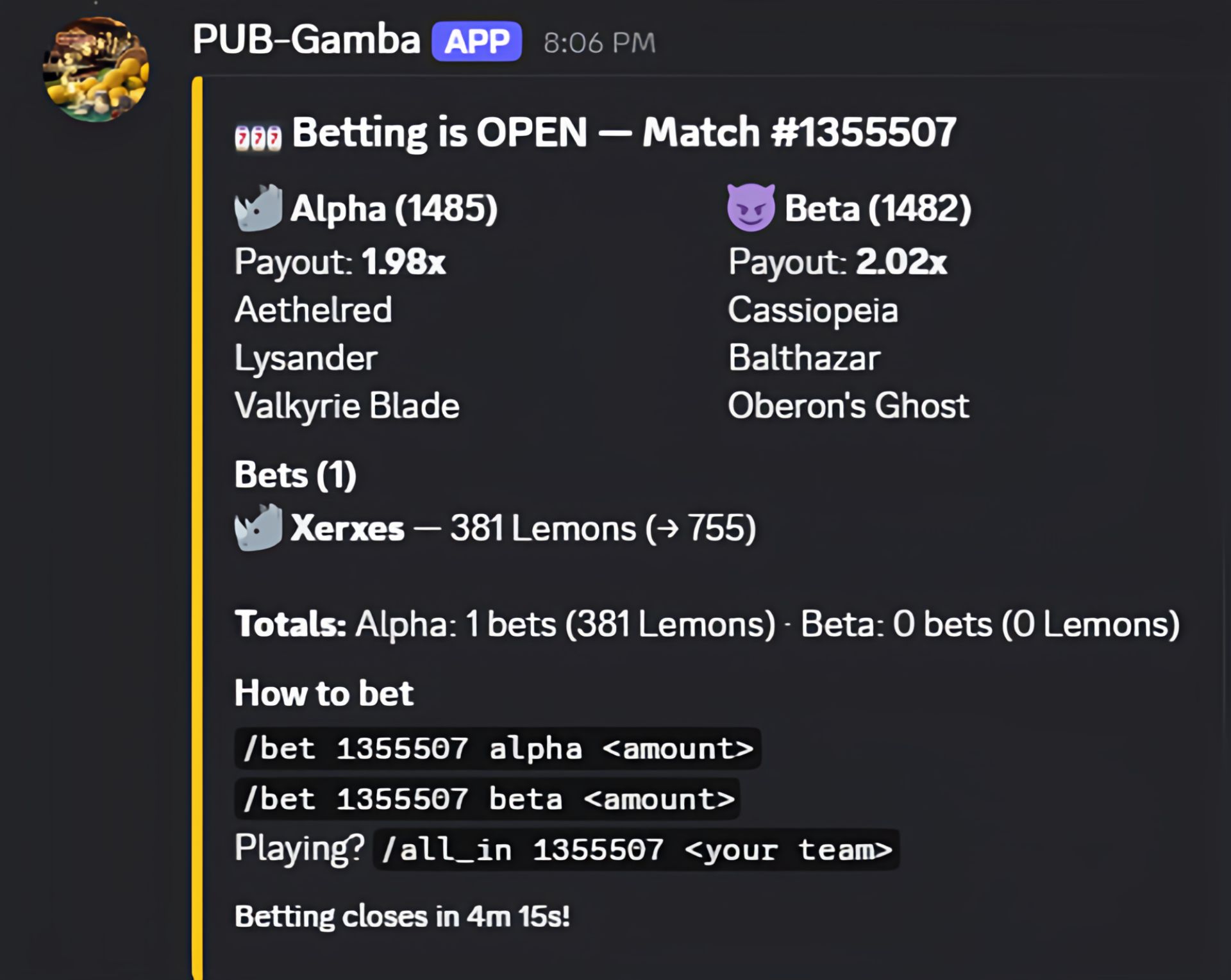 PUB-Gamba betting embed in Discord showing a live match with odds, teams, and betting commands
